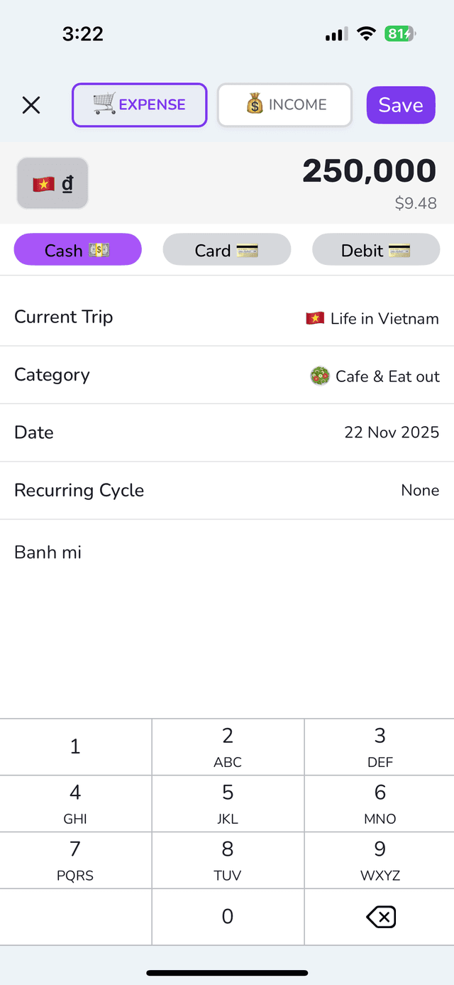 Quick expense adding interface