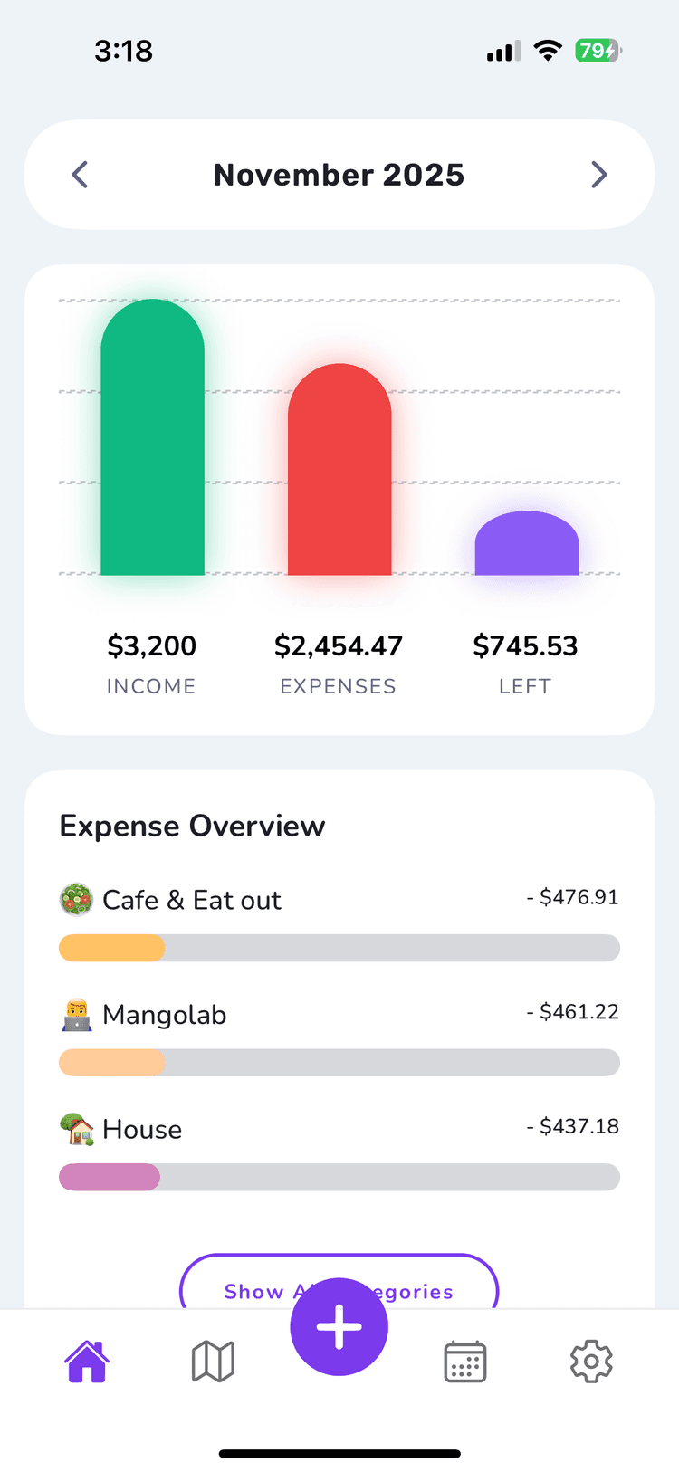 NomadWallet main interface showing expense tracking