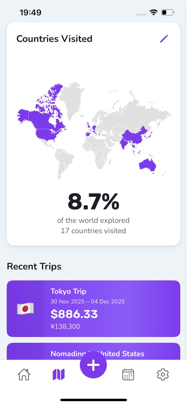 Trip map view with expense summaries