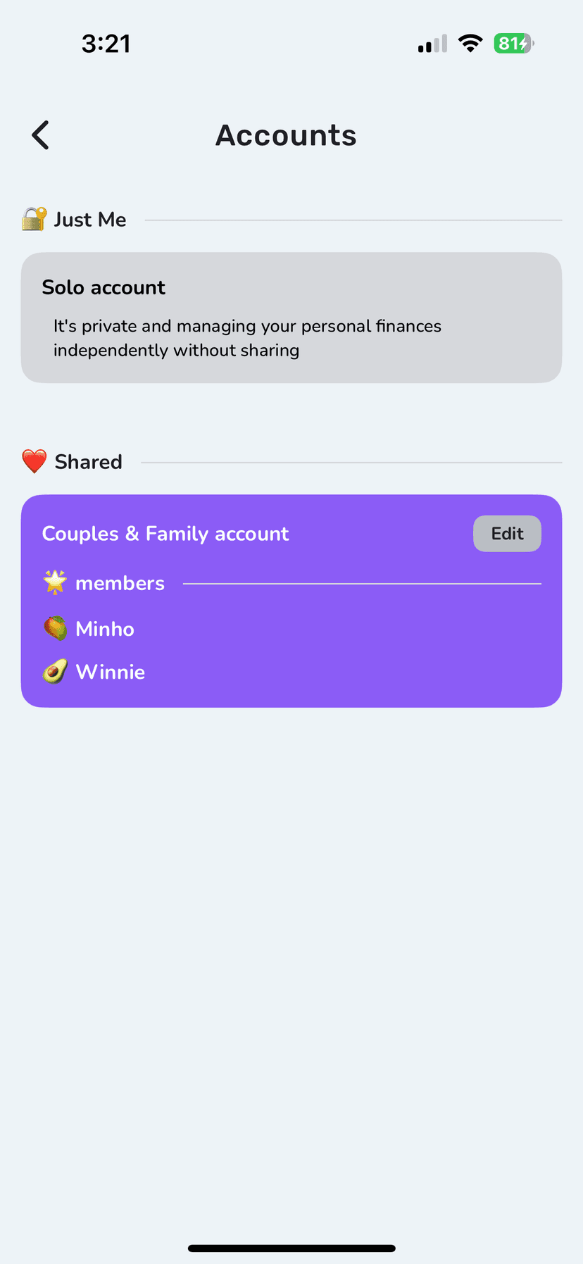 Shared account feature showing real-time sync